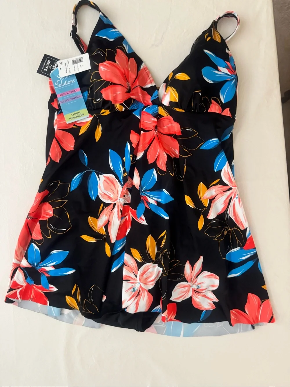 Black Floral Fly Away V-Neck Swimdress with Coral & Blue Flowers - Picture 4 of 6